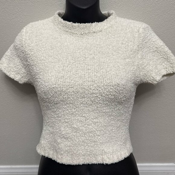 Skims fuzzy knit t-shirt slim fit Sherpa top size s/m off white plush tee - Picture 11 of 11